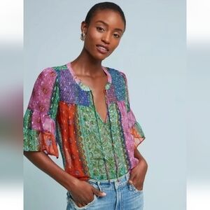 Akemi + Kin Antonella Patchwork Peasant Top Size M Anthropologie Boho Colorful